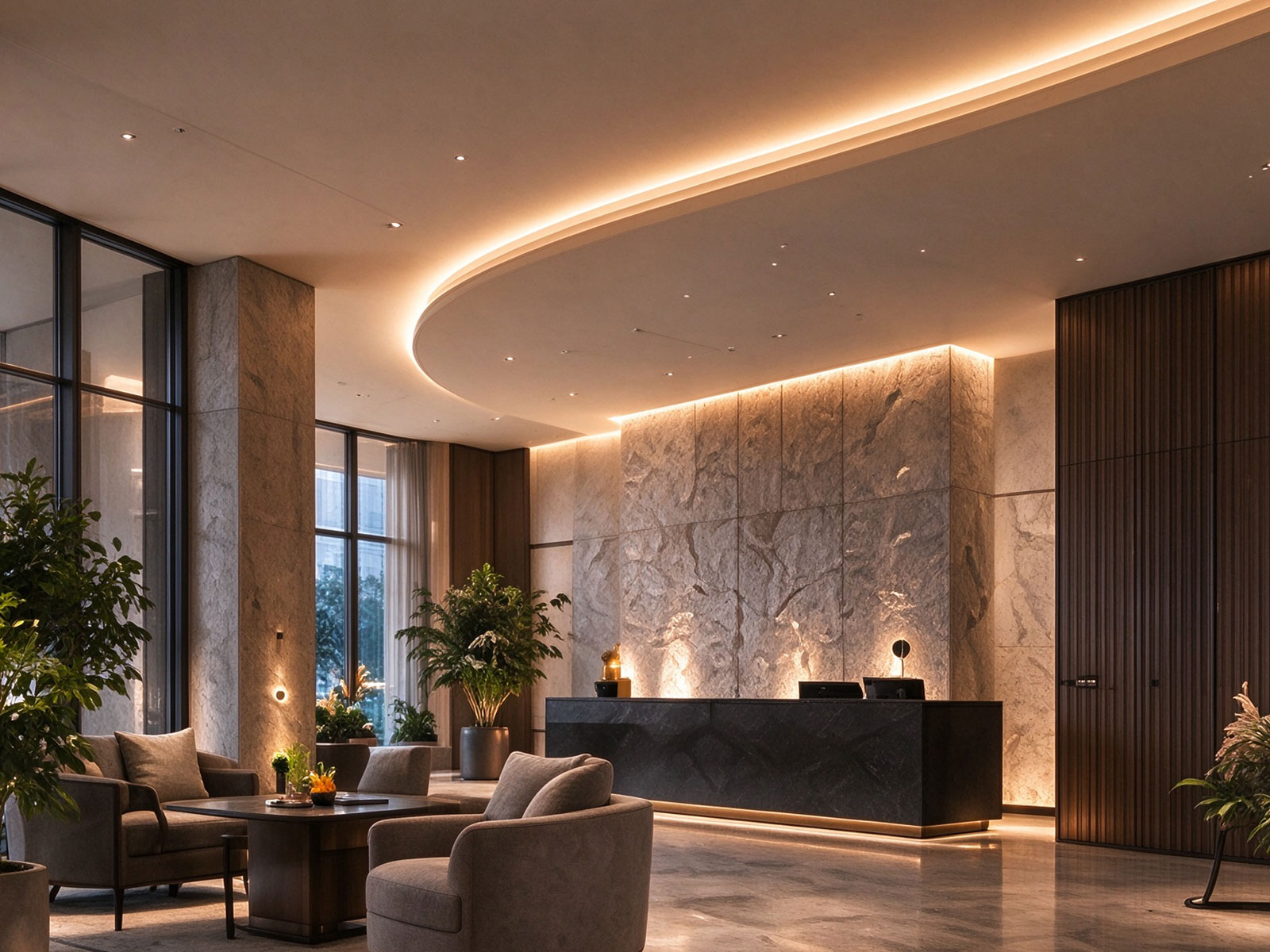 Hotel lobby with warm layered architectural lighting
