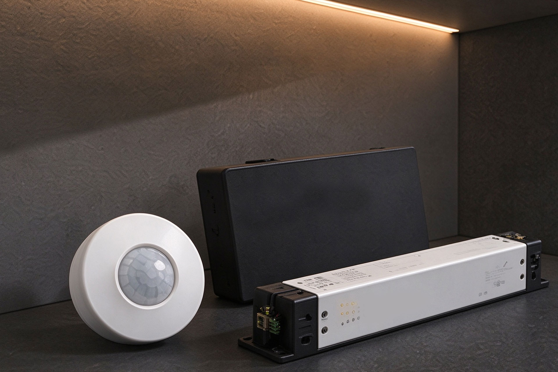 Close-up of an architectural luminaire with compact control hardware integrated