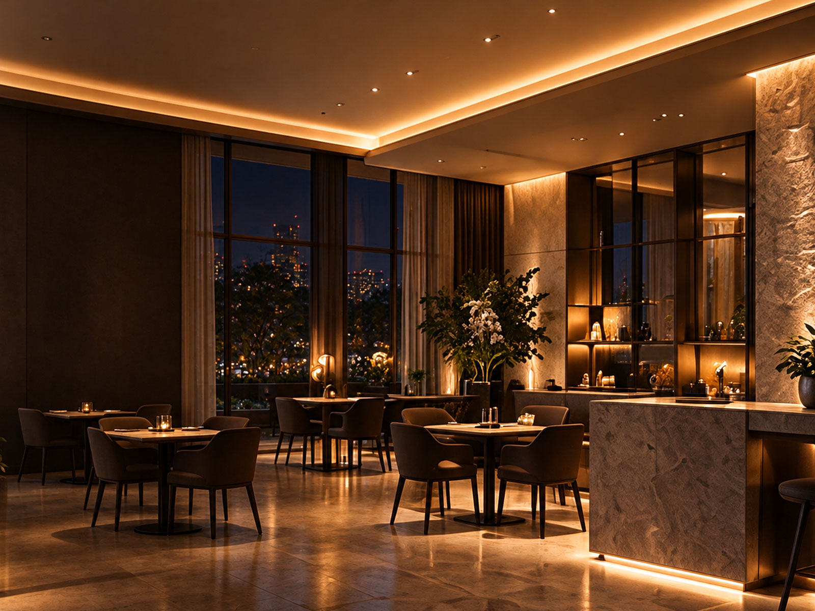 The same interior with the Evening lighting scene applied